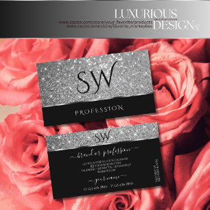 Luxus Silber Glitzer Shimmer Stars Black Monogram Visitenkarte