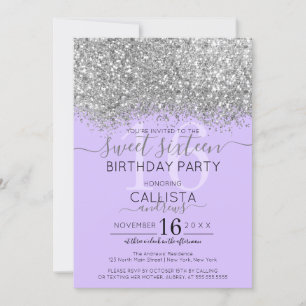 Luxus Silber Lila Glitter Konfetti Sweet 16 Einladung