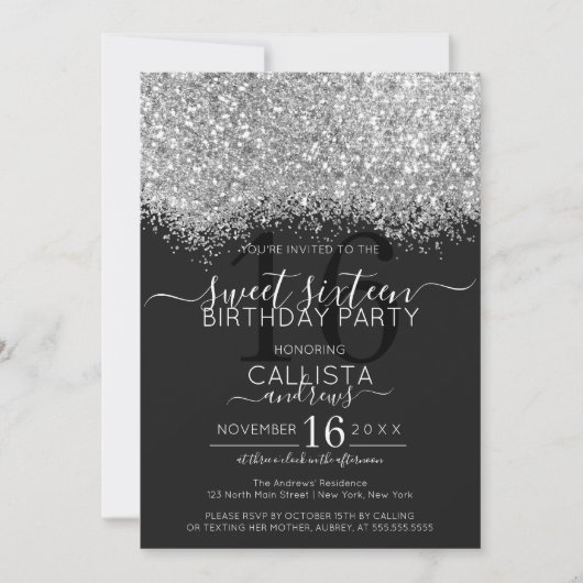 Luxus Silver Black Glitzer Confetti Sweet 16 Einladung (Vorderseite)