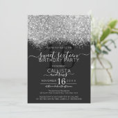 Luxus Silver Black Glitzer Confetti Sweet 16 Einladung (Stehend Vorderseite)
