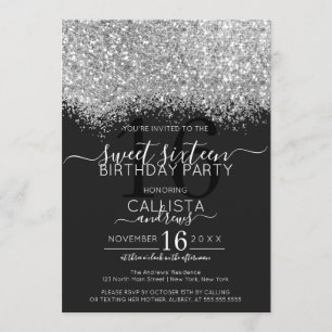 Luxus Silver Black Glitzer Confetti Sweet 16 Einladung