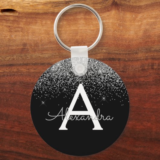 Luxus Silver Black Glitzer Monogram Schlüsselanhänger (Vorderseite)