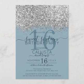 Luxus Silver Blue Glitzer Confetti Sweet 16 Einladung