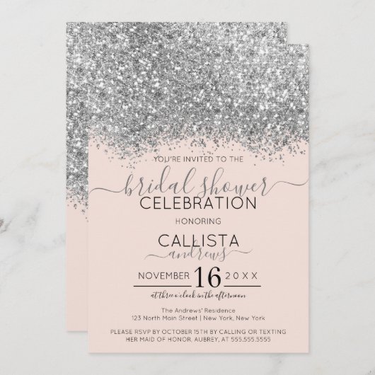 Luxus Silver Blush Glitzer Confetti Brautparty Einladung (Vorne/Hinten)