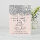 Luxus Silver Blush Glitzer Confetti Quinceañera Einladung (Stehend Vorderseite)