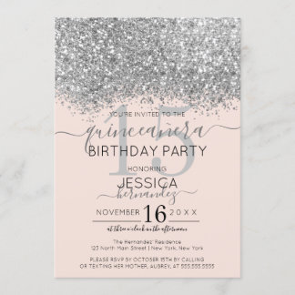 Luxus Silver Blush Glitzer Confetti Quinceañera Einladung