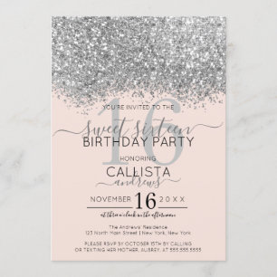 Luxus Silver Blush Glitzer Confetti Sweet 16 Einladung