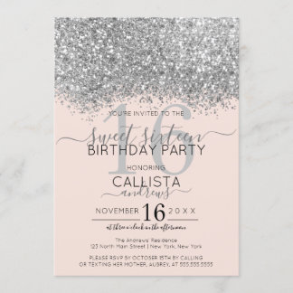 Luxus Silver Blush Glitzer Confetti Sweet 16 Einladung