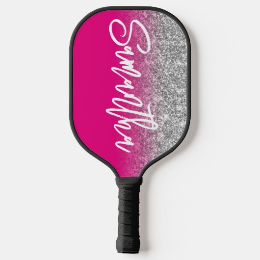 Luxus Silver Glitzer Hot Pink Ombre Personalisiert Pickleball Schläger (Rückseite)