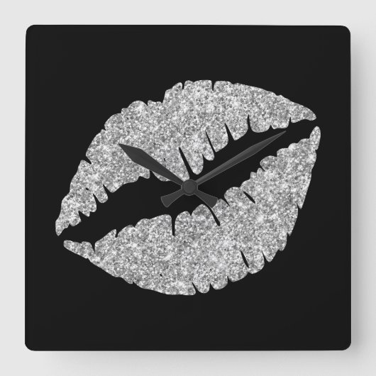 Luxus Silver Glitzer Lipstick auf Schwarz Quadratische Wanduhr (Vorderseite)