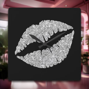 Luxus Silver Glitzer Lipstick auf Schwarz Quadratische Wanduhr