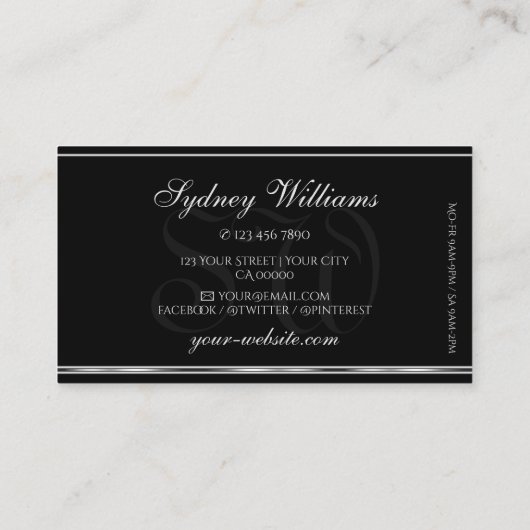 Luxus Silver Glitzer Monogram Black Silver Border Visitenkarte (Rückseite)