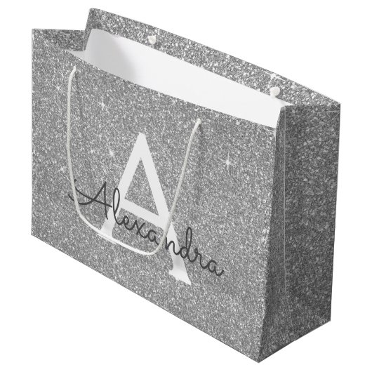 Luxus Silver Glitzer & Sparkle Monogram Große Geschenktüte (Vorderseite Schrägansicht)