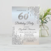 Luxus Silver Glitzer Tropfen 60. Geburtstag Einladung (Stehend Vorderseite)