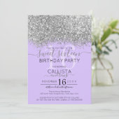 Luxus Silver Lila Glitzer Confetti Sweet 16 Einladung (Stehend Vorderseite)