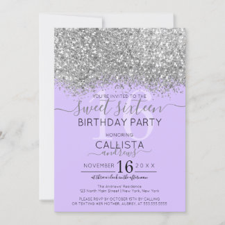 Luxus Silver Lila Glitzer Confetti Sweet 16 Einladung