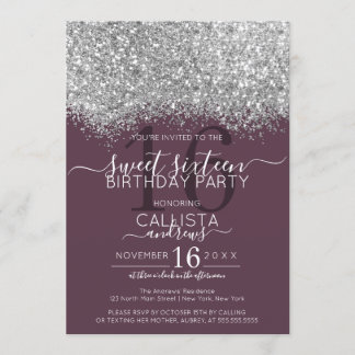 Luxus Silver Lila Glitzer Confetti Sweet 16 Einladung