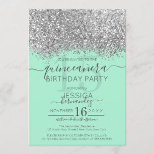 Luxus Silver Mint Glitzer Confetti Quinceañera Einladung