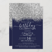 Luxus Silver Navy Glitzer Confetti Birthday Einladung (Vorne/Hinten)