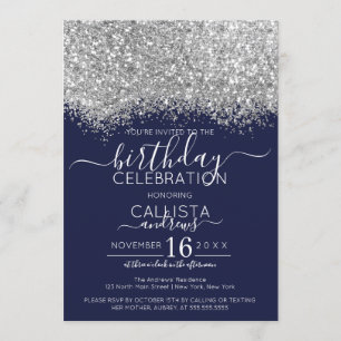 Luxus Silver Navy Glitzer Confetti Birthday Einladung