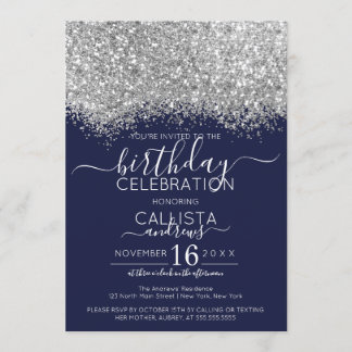Luxus Silver Navy Glitzer Confetti Birthday Einladung