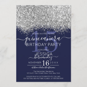 Luxus Silver Navy Glitzer Confetti Quinceañera Einladung