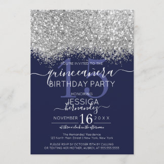 Luxus Silver Navy Glitzer Confetti Quinceañera Einladung