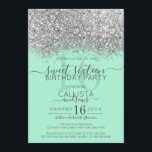 Luxus Silver Neo Mint Glitzer Confetti Sweet 16 Einladung<br><div class="desc">Das elegante, glamouröse und moderne 16 . Geburtstag Geburtstagsfest lädt zum zeitgenössischen und stilvollen Teenager ein. Es verfügt über ein Imitat gedruckt silber funkelnd Glitzer Konfetti gesprenkelt Farbe Block auf einem einfachen neo mint grünen Hintergrund mit einer großen Zahl "16" in einem passenden rosa goldfarben. Die Rückseite zeigt den gleichen...</div>