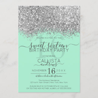 Luxus Silver Neo Mint Glitzer Confetti Sweet 16 Einladung