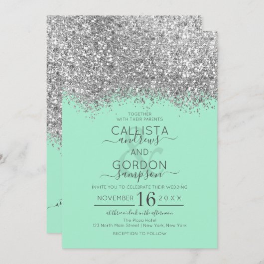Luxus Silver Neo Mint Glitzer Confetti Wedding Einladung (Vorne/Hinten)