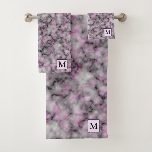 Luxus Silver Pink Marmor Mit Monogramm Badhandtuch Set (Insitu)