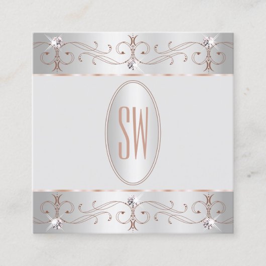 Luxus Silver Rose Gold Verzierte Ornamente Monogra Quadratische Visitenkarte (Vorderseite)