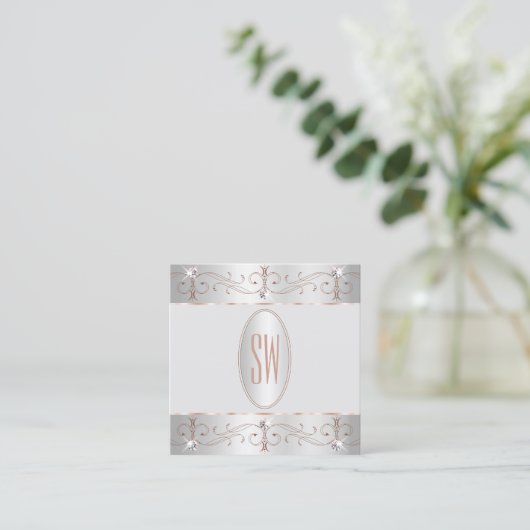 Luxus Silver Rose Gold Verzierte Ornamente Monogra Quadratische Visitenkarte (Stehend Vorderseite)