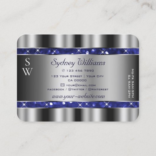 Luxus Silver Royal Blue Sparkle Glitzer Monogram Visitenkarte (Rückseite)