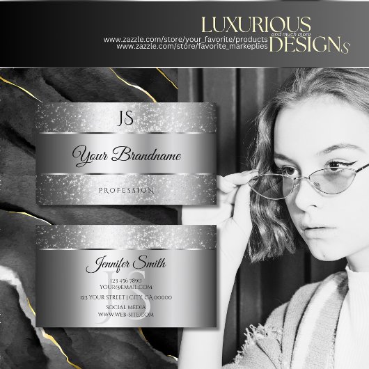 Luxus Silver Sparkle Glitzer Stars und Initialen Visitenkarte