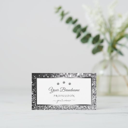 Luxus Silver Sparkling Glitzer Diamonds on White Visitenkarte (Stehend Vorderseite)