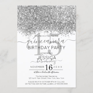 Luxus Silver White Glitzer Confetti Quinceañera Einladung