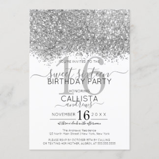 Luxus Silver White Glitzer Confetti Sweet 16 Einladung