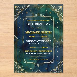 Luxus Smaragdgrün Gold Art Deco 50. Geburtstag  Acryleinladungen
