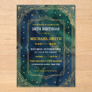 Luxus Smaragdgrün Gold Art Deco 50. Geburtstag Acryleinladungen