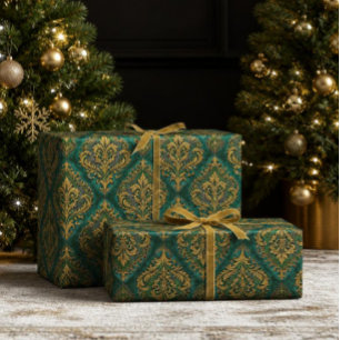 Luxus Smaragdgrün & Gold Damast Weihnachten Geschenkpapier