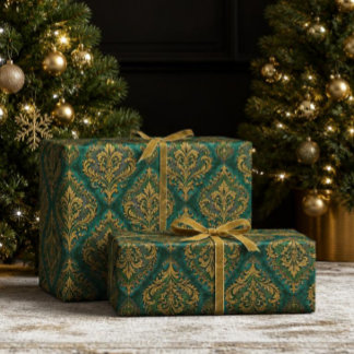 Luxus Smaragdgrün & Gold Damast Weihnachten Geschenkpapier