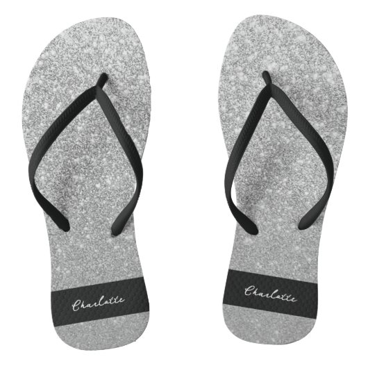 Luxus Sparkle Silver Glitzer Name Badesandalen (Fußbett)