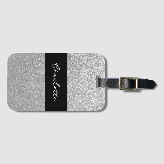 Luxus Sparkle Silver Glitzer Name Gepäckanhänger (Vorderseite (Horizontal))