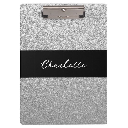 Luxus Sparkle Silver Glitzer Name Klemmbrett (Vorderseite)