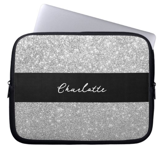 Luxus Sparkle Silver Glitzer Name Laptopschutzhülle (Vorderseite)