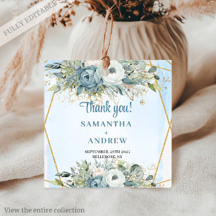 Luxus Staubblau Blumen Gold Glitter Hochzeitsetike Geschenkanhänger