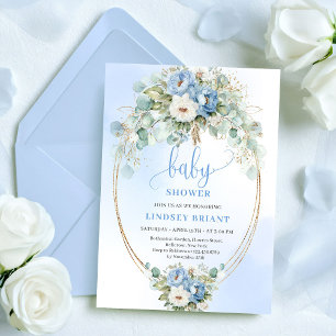 Luxus Staubblaue Blumen Eukalyptus Gold Baby Einladung