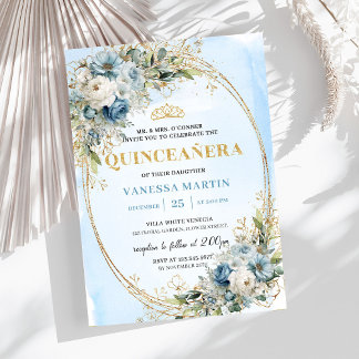 Luxus- Staublau-Gold-Grün Quinceañera Einladung