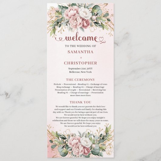 Luxus-Staubrosa-Blumen-Hochzeitsprogramm Programm (Vorderseite)